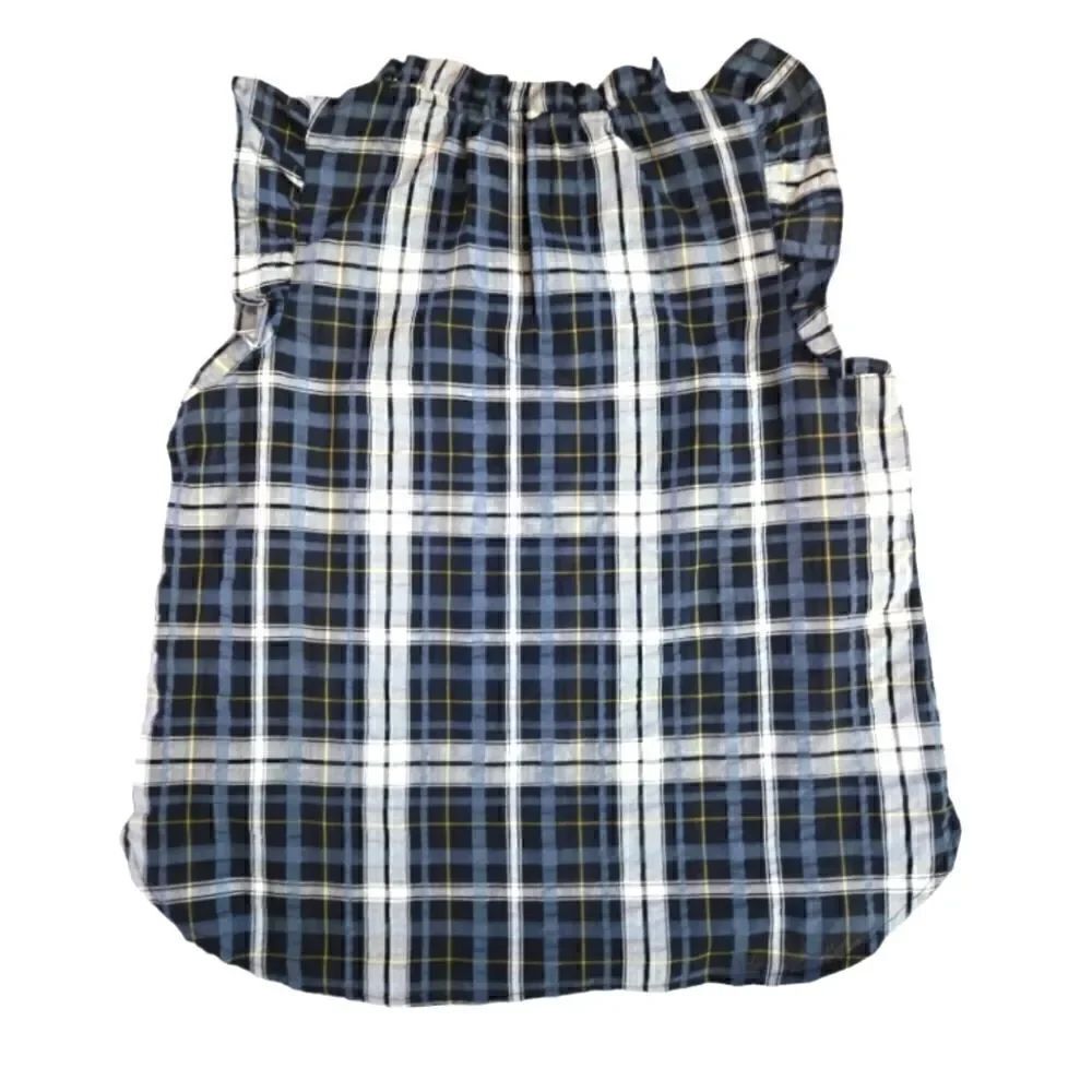 EC LOFT OUTLET PLAID WITH RUFFLE CAP LENGTH SLEEVE AND NECK TOP SZ.M